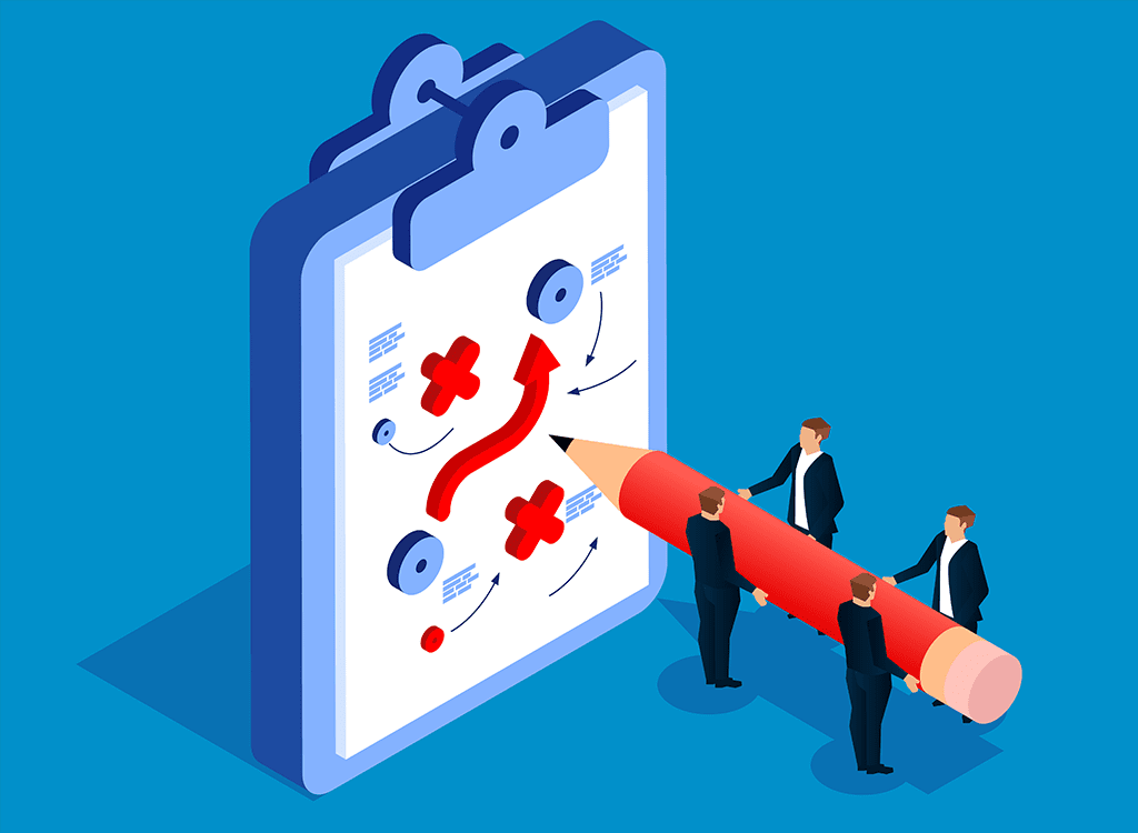 Illustration of a strategic planning board with a red directional path being drawn on a clipboard, representing governance, planning and strategic decision-making in sport organisations.