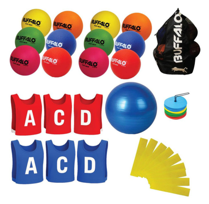 a photo of kids equipment for handball including balls and bibs