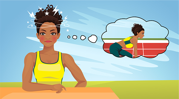 Athlete sitting thinking about an upcoming competition. Athlete standing on the starting line or in the marshalling area ready to perform.