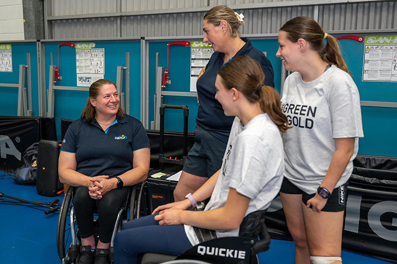 Louise Sauvage with athletes who are taking part in a Talent Identification event