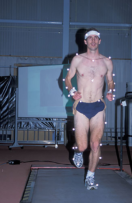 Athlete wearing reflective markers for biomechanics analysis 2003