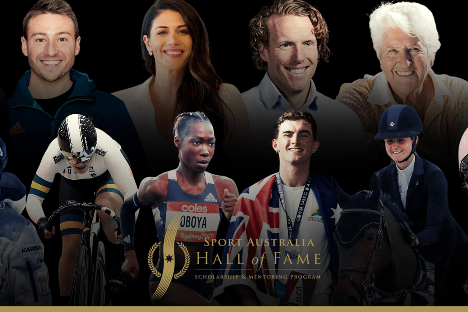 Some of the SAHOF 2022 Tier 1 Scholarship holders Alessia McCaig, Bendere Oboya, Zac Littlewood and Jess Rice-Ward. and mentors, rear, mentors Matt Mitcham, Stephanie Smart, Steve Hooker, Dawn Fraser, front, scholarship holders