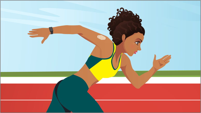 Athlete with a wrist-wearable device and with a patch on their arm doing physical activity