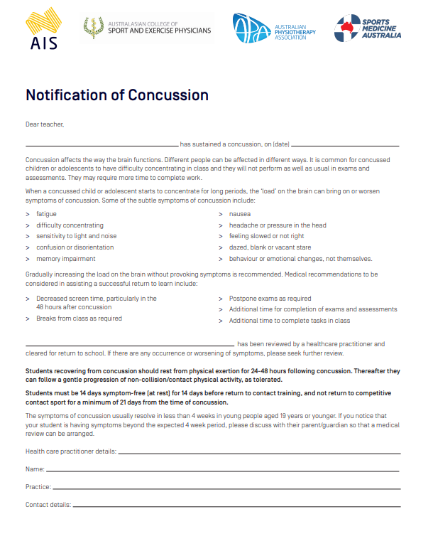 Notification to teachers of concussion