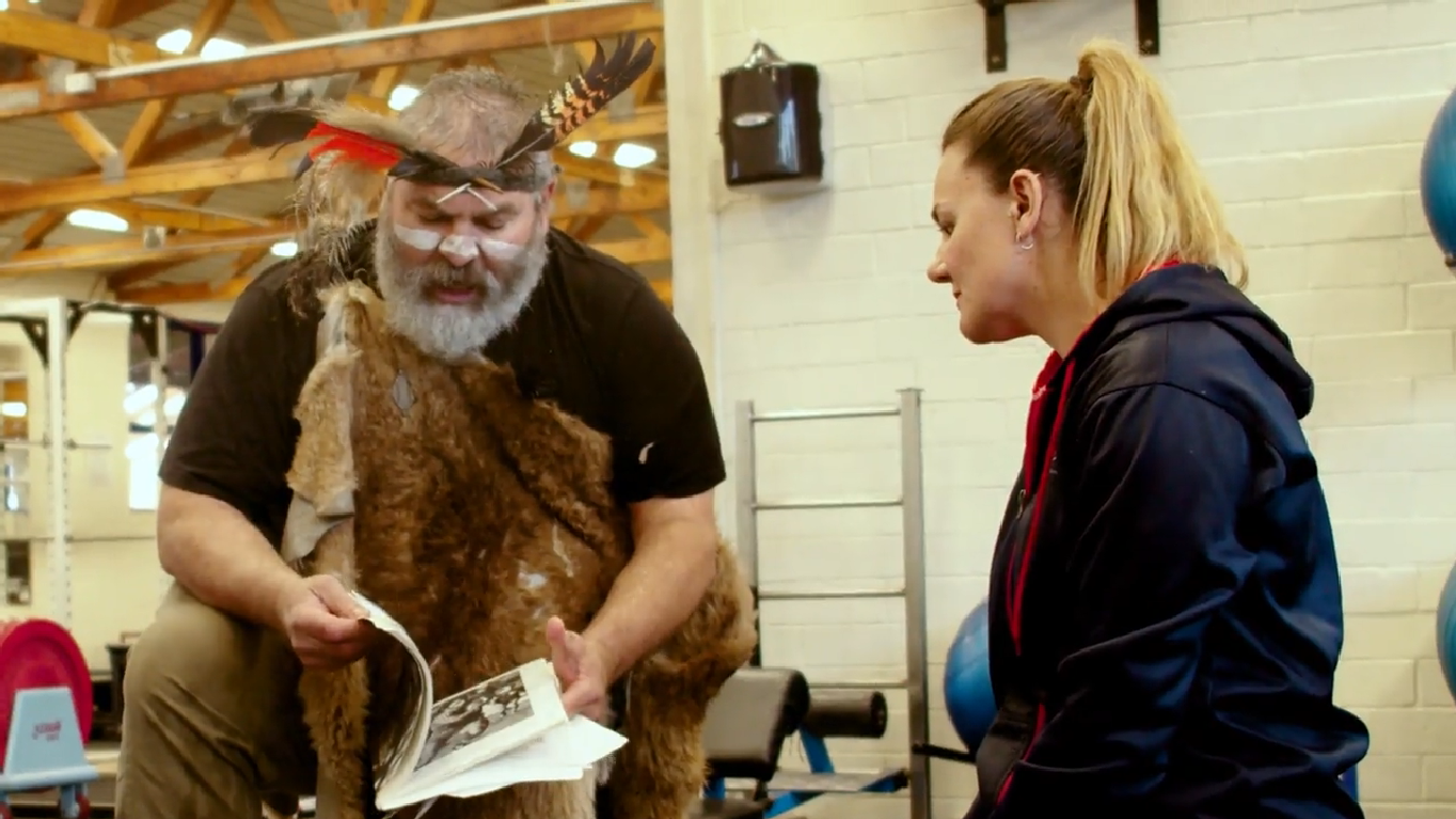 Karate athlete Michelle Wilson sharing a yarn with Kaurna custodian Mickey O’Brien