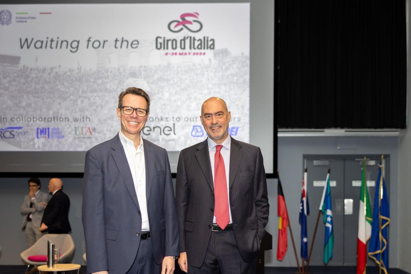ASC CEO Kieren Perkins OAM and Italian Ambassador Paolo Crudele at the 'Waiting for the Giro d'Italia' event