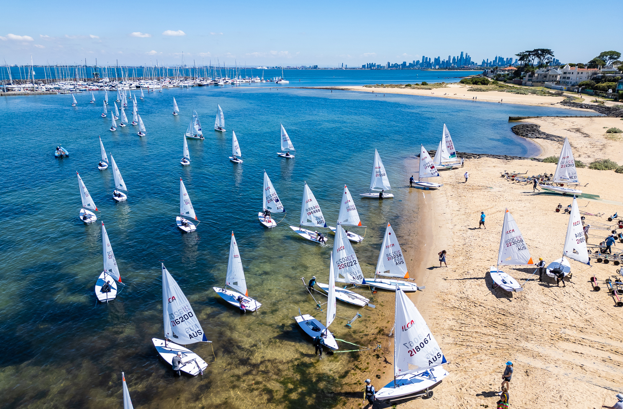 Sailing boats on the water as part of the Sail Melbourne event.