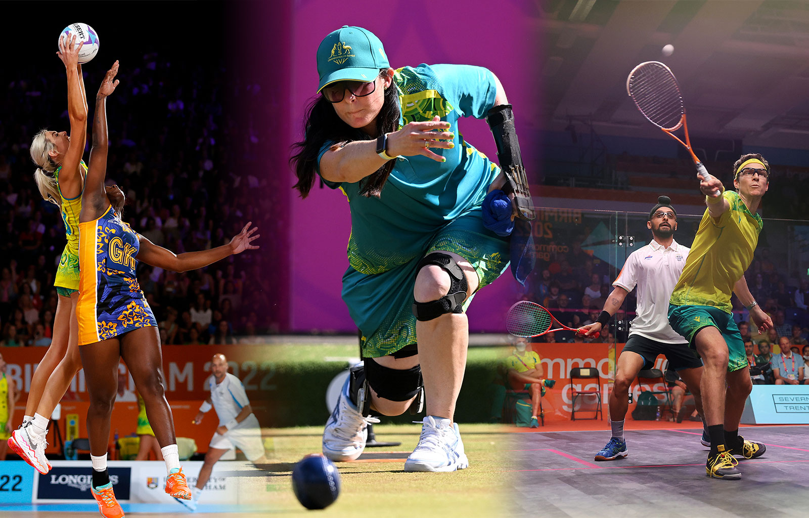 Image collage of three athletes playing Bowls Squash Netball