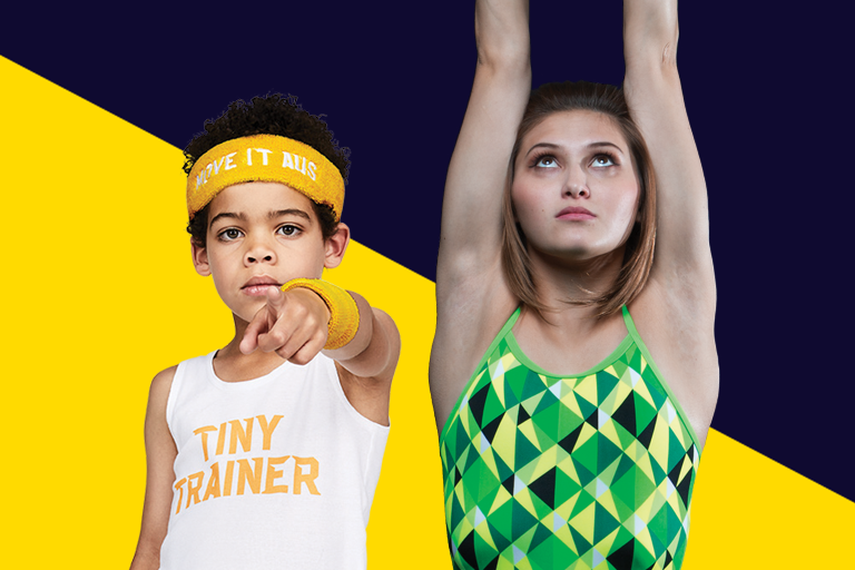 A child and an adult athlete on a blue and yellow background.