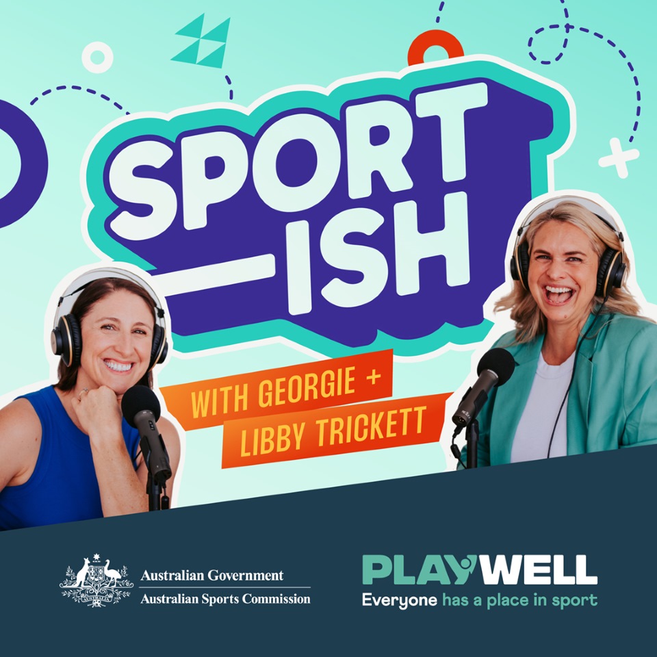 Promotional tile with Sportish logo, play well logo and an image of Georgie and Libby Trickett