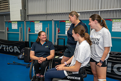 Louise Sauvage with athletes who are taking part in a Talent Identification event