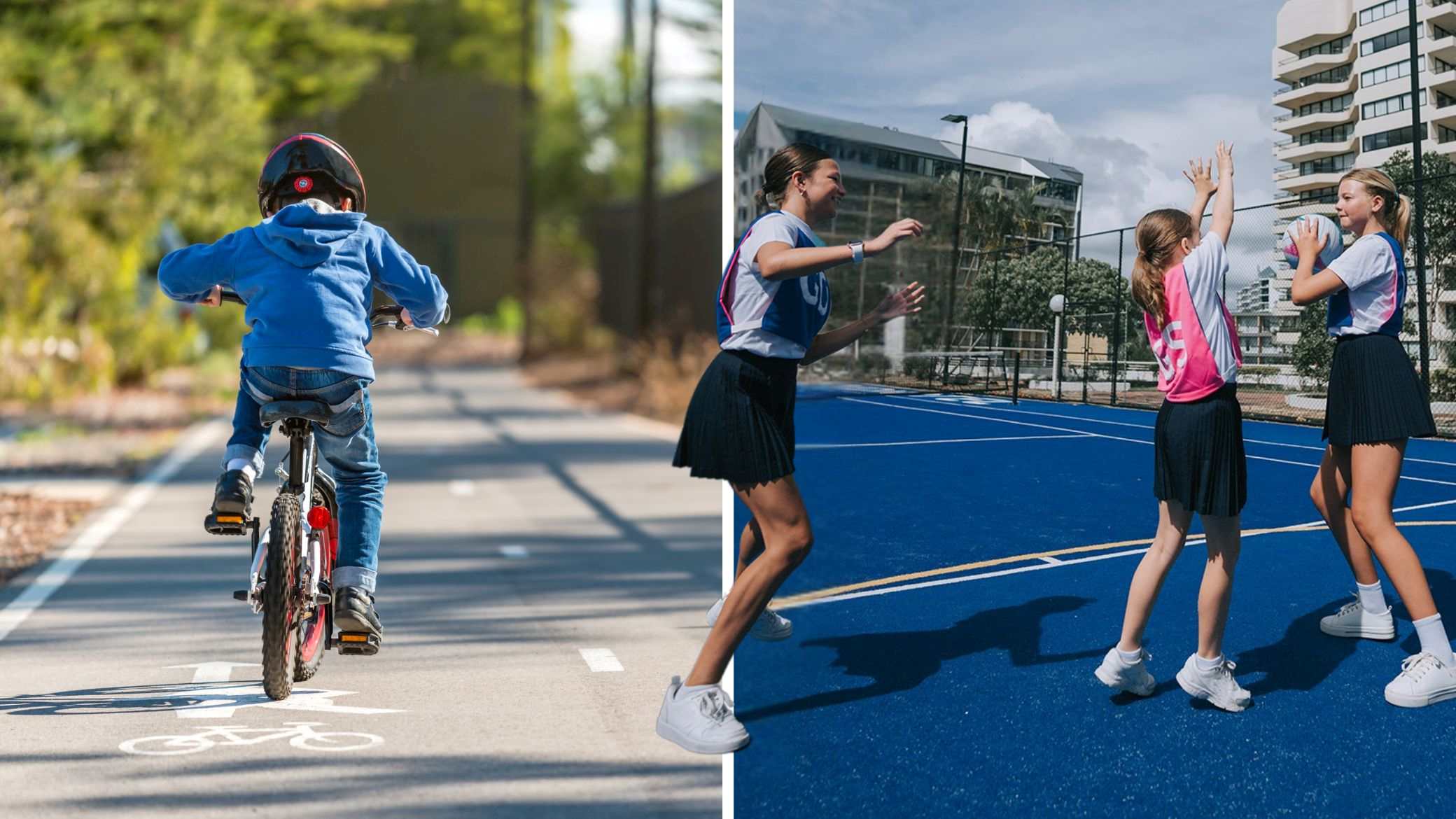 There are two images, on the left a young child riding a bike with his back to the camera, on the right hand side, three girls playing netball.