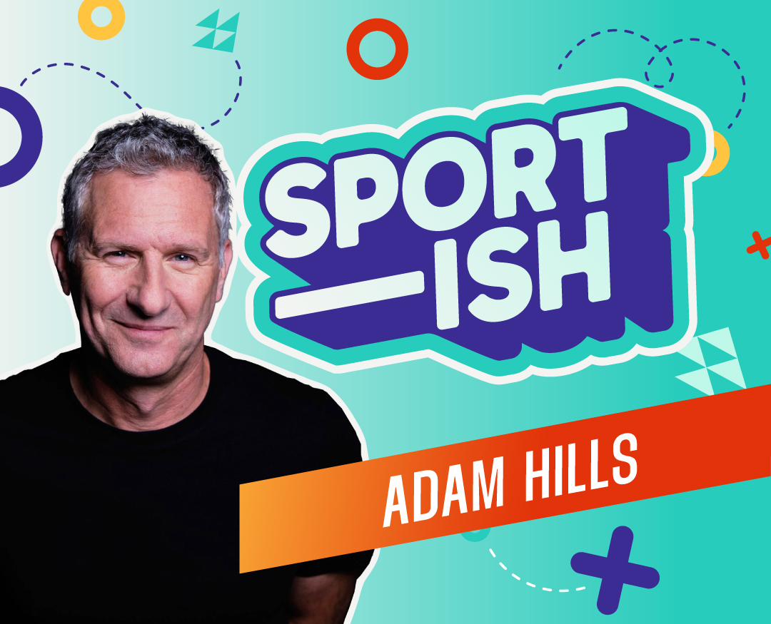 Adam Hills with Sportish and Play Well logos
