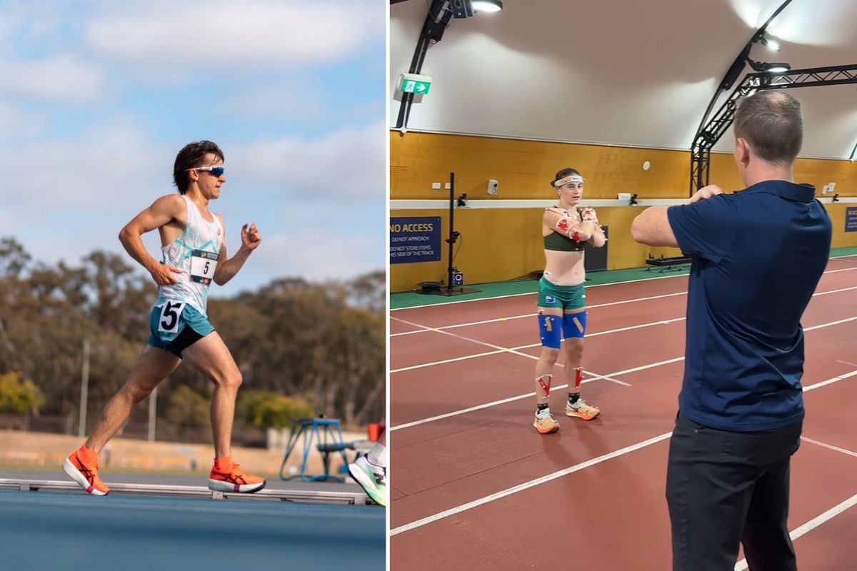 Racewalker Isaac Beacroft competing at the AIS Athletics Track and Rebecca Henderson testing with AIS Biomechanics