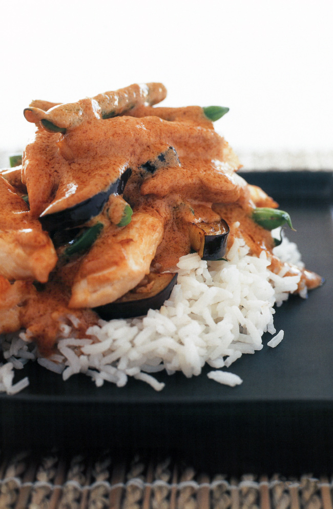 HINT: Thai curry paste comes in jars, and usually keeps for a few months in the fridge. Red or green paste may be interchanged in this recipe. You can also replace the eggplant with zucchini