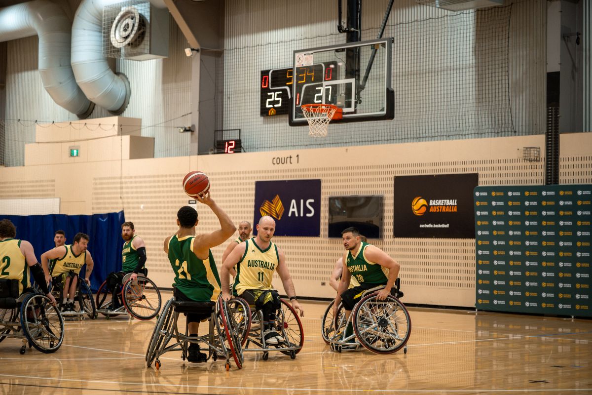 The Aussie Rollers wheelchair basketball team on the AIS courts training for the Asia Oceania Zone Championships.