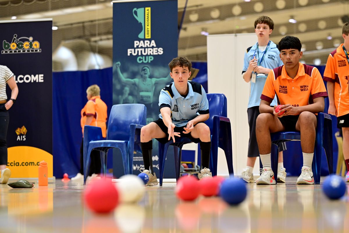 Young Para athletes playing boccia at the Para Futures Cup event.