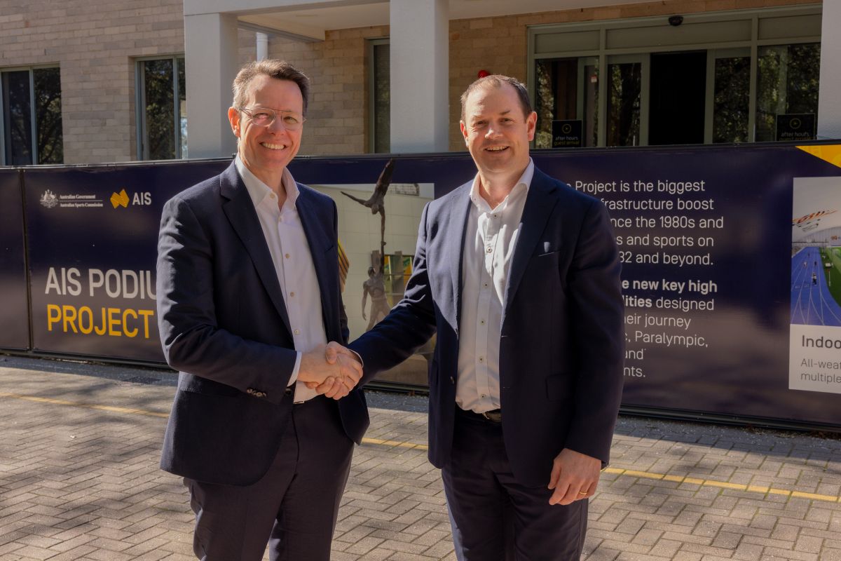 ASC CEO Kieren Perkins OAM and Grant D’Arcy from Richard Crookes Constructions in front of the construction site.