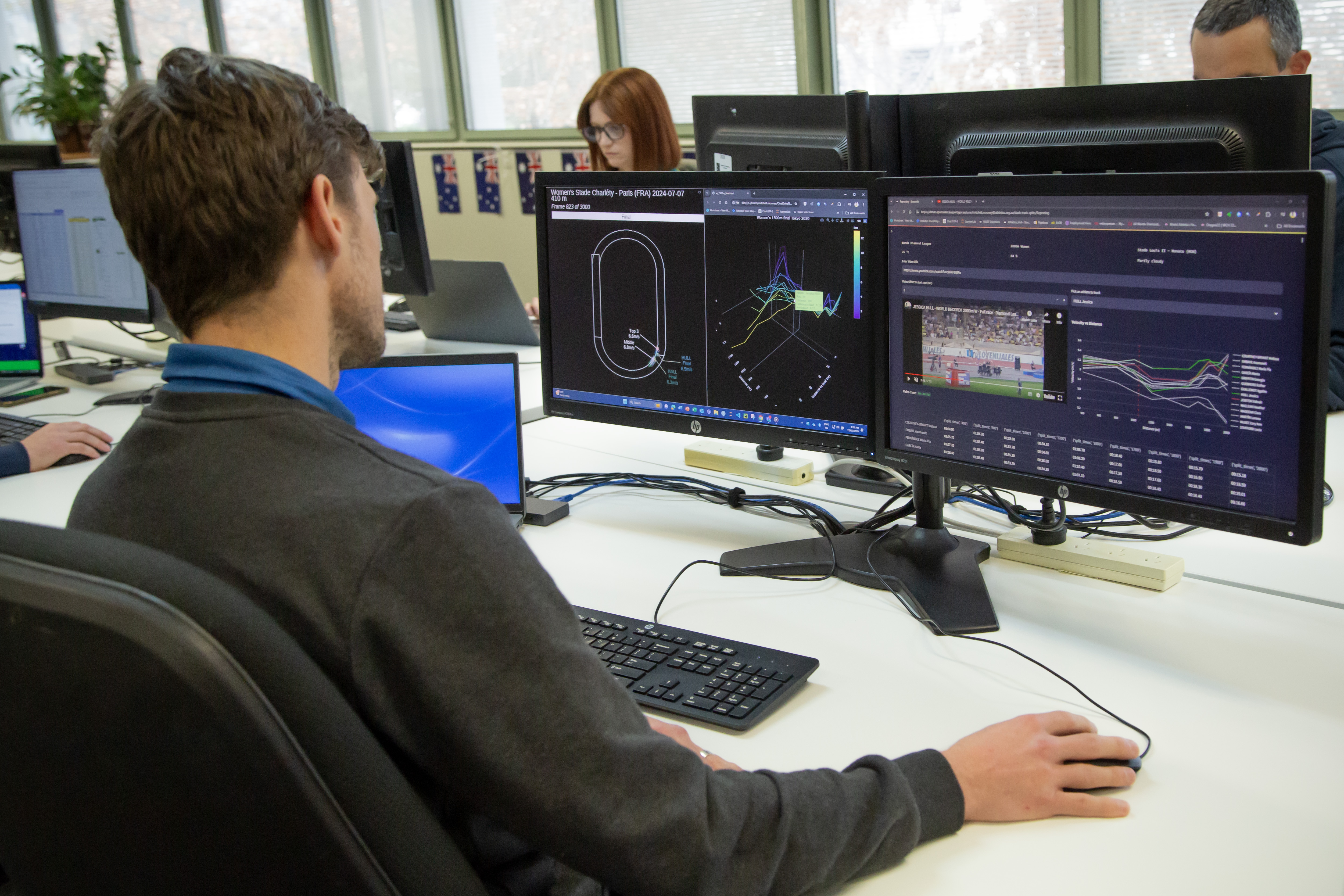 Athletics Australia Mitchell Mooney works in the Hub analysing a race