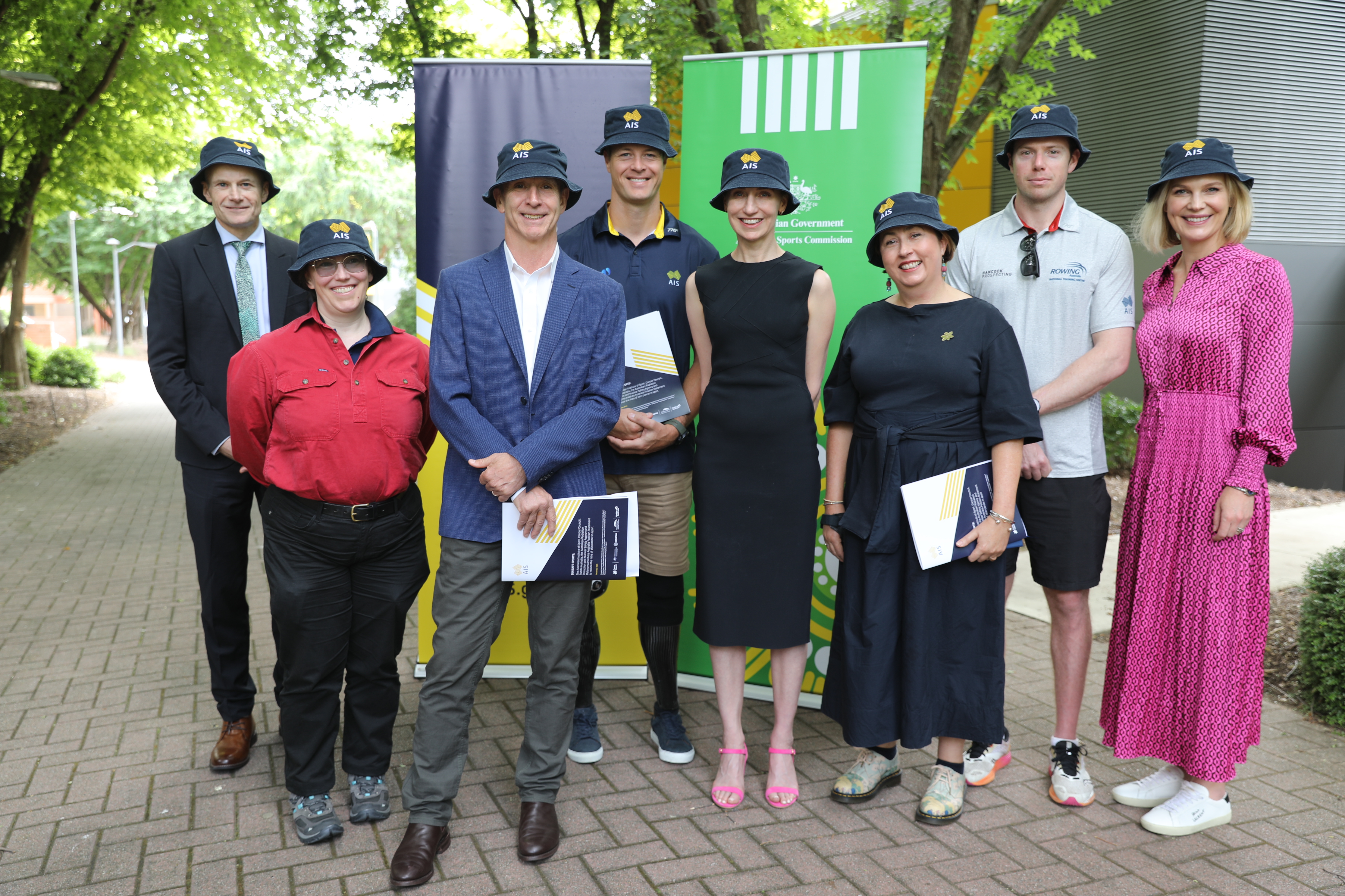 AIS launches Sun Safe Position Statement in Canberra.
L-R Professor Richard Scolyer AO (Melanoma Institute Australia), Dr Kerryn King (ARPANSA), Dr David Hughes (AIS) Curtis McGrath OAM (Paddle Australia), Professor Georgina Long AO (Melanoma Institute Australia), Liz King (Cancer Council), Josh Hicks (Rowing Australia), Matti Clements (AIS)