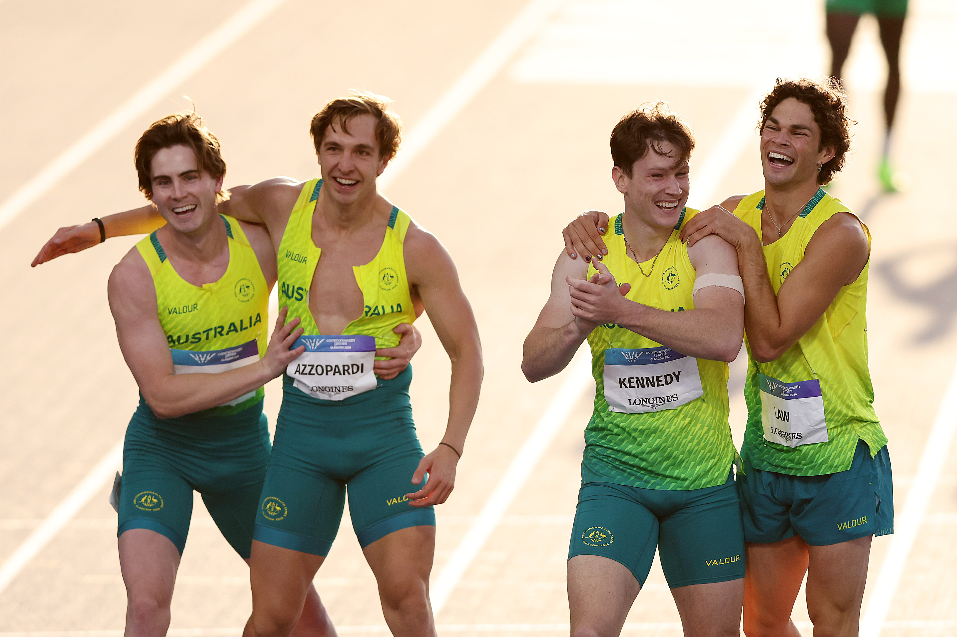 The men's 4x100m athletics team celebrate winning gold in Glasgow 2026 Commonwealth Games