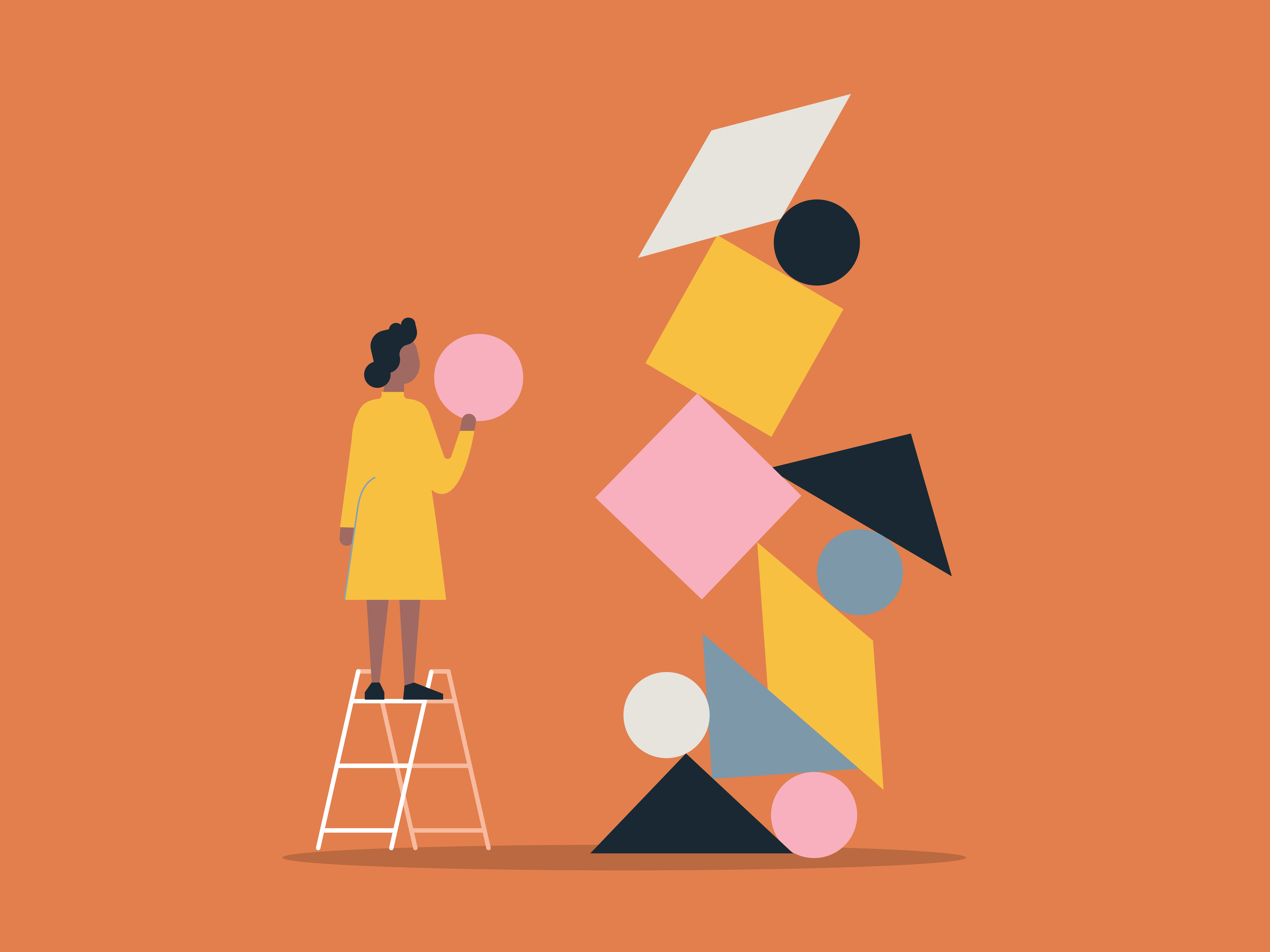 Woman adding circle to pile of shapes