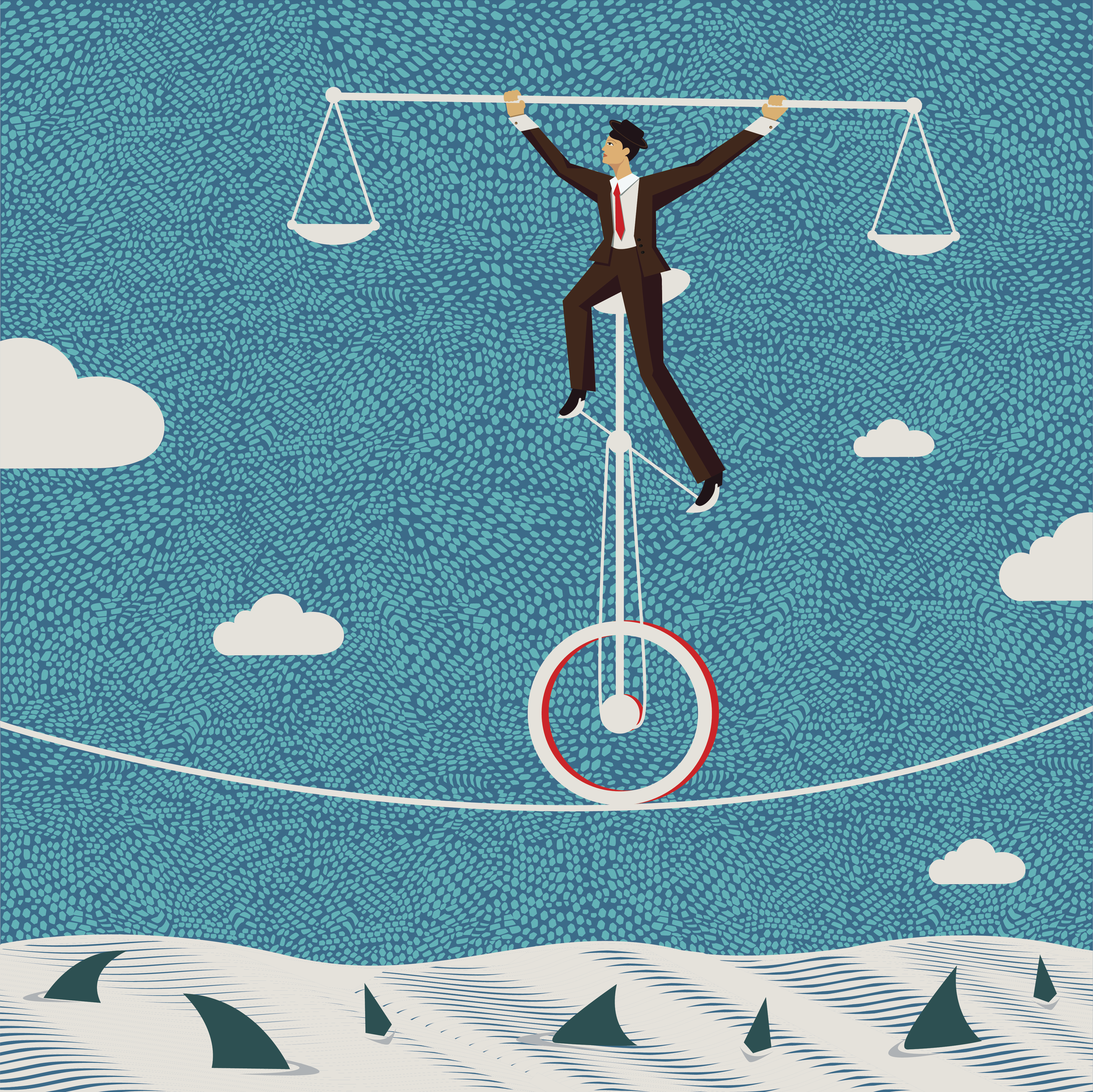 Businessman riding unicycle holding scales