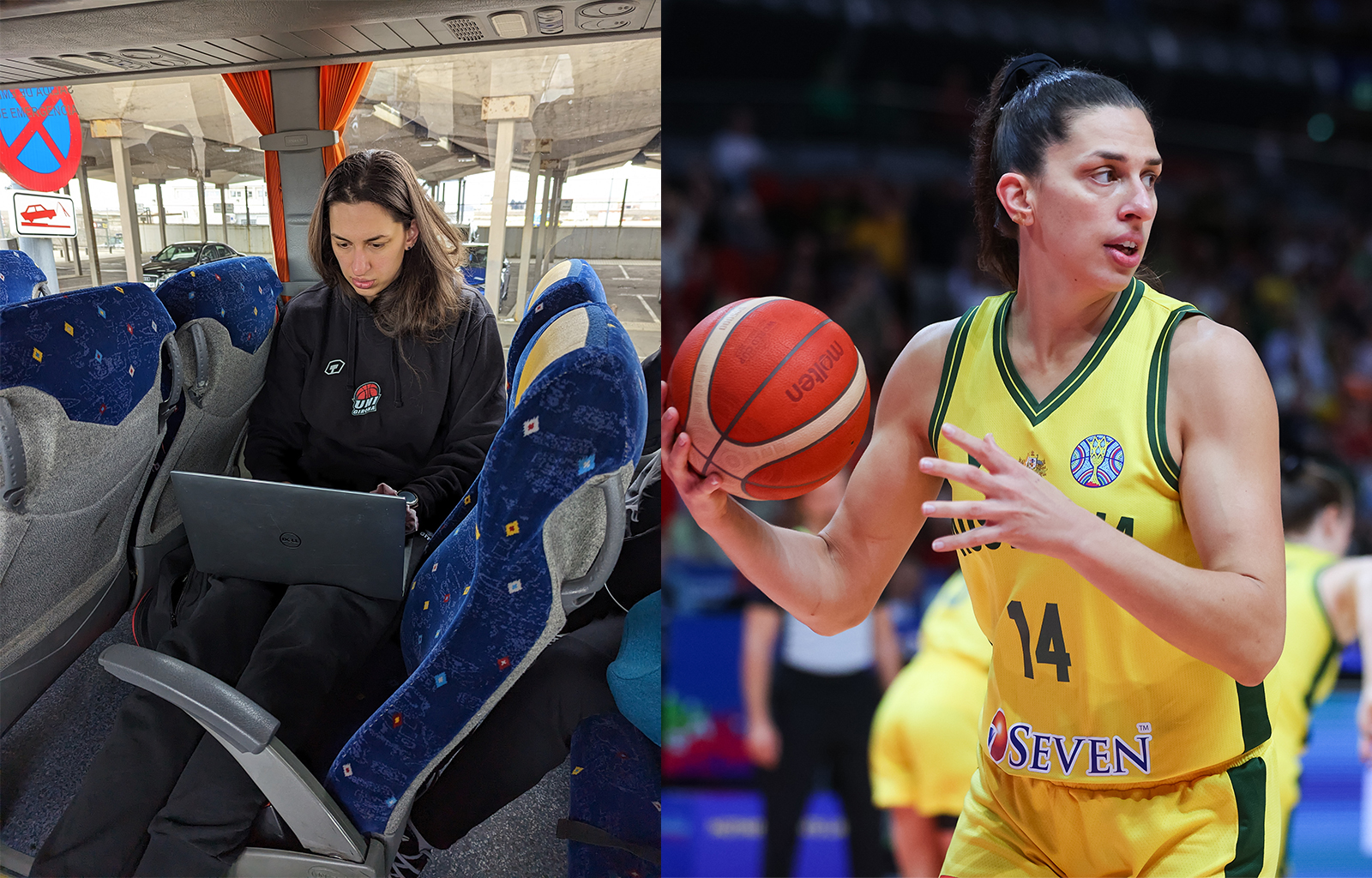 Left, Marianna Tolo studies from a laptop on a tour bus, right, Tolo competes for Australia in the FIBA Women's Basketball World Cup Semi Final match against China on September 30, 2022. Photos: Supplied/Getty Images