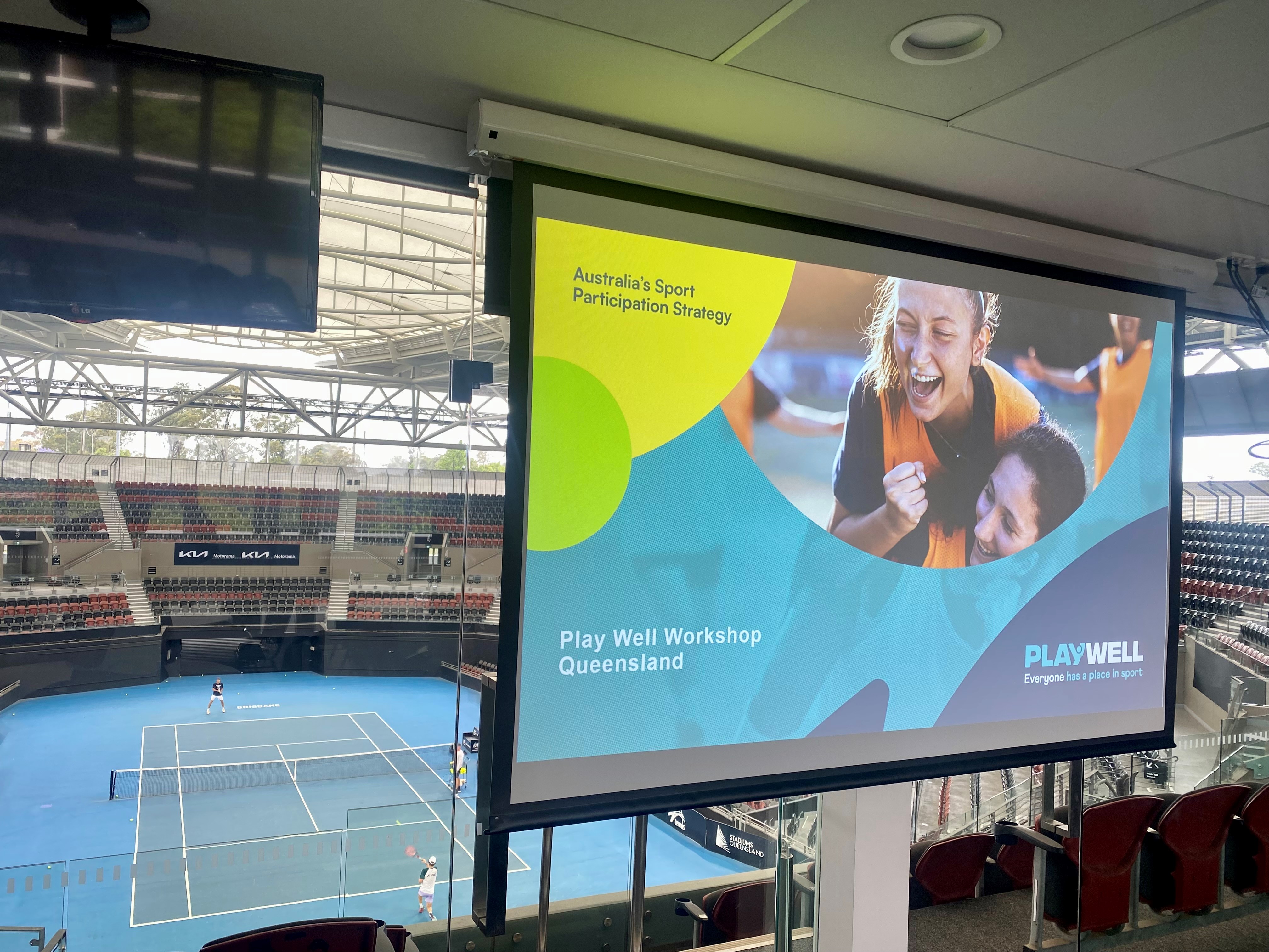 Image of a Play Well Strategy slide at a sporting venue