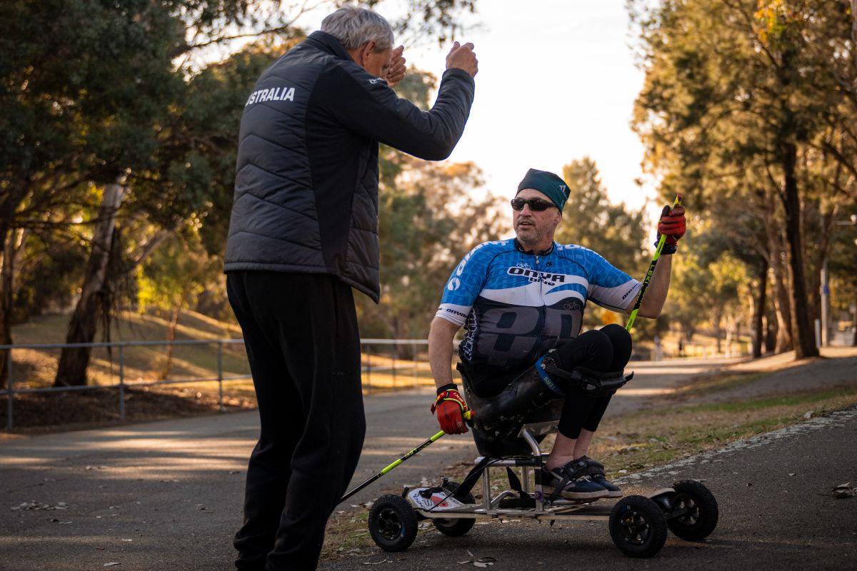 Para biathlon athlete Matthew Brumby training during a high performance camp at the AIS.