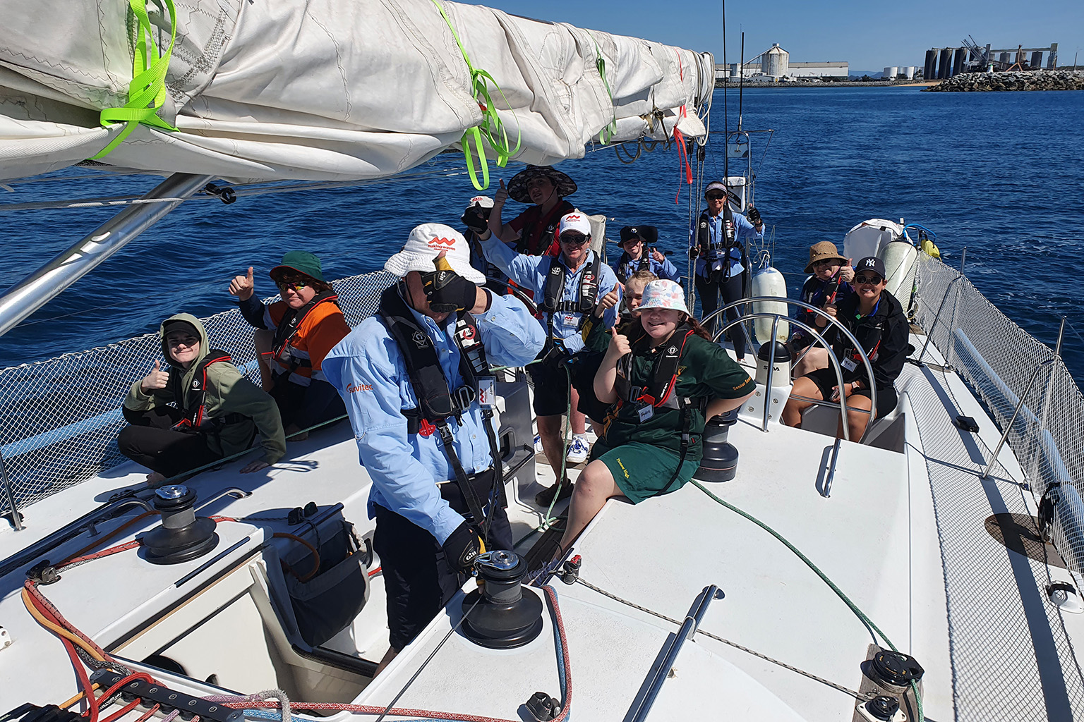 Students and instructors sail on ‘Kayle’ a 54ft racing yacht that can accommodate up to four wheelchairs and allows people with varying disabilities to safely and successfully take part in sailing.