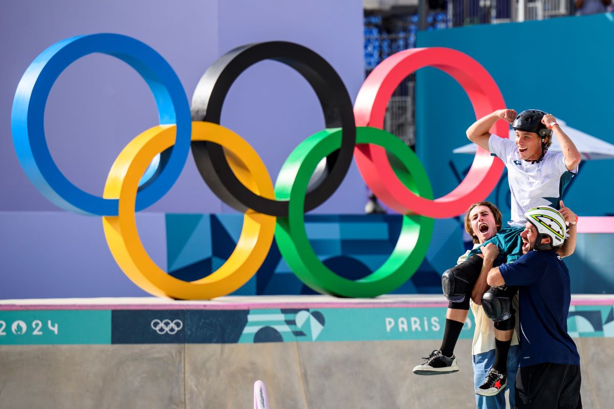 Keegan Palmer celebrating his gold medal performance at the Paris 2024 Olympic Games.