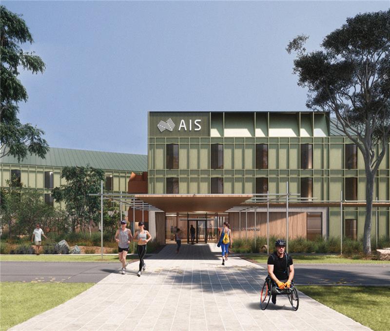 An artist's rendering of the AIS Podium Project's new AIS Accommodation building. The rendering features a green cladding exterior with a prominent AIS logo and a walkway leading into the building which is busy with athletes.