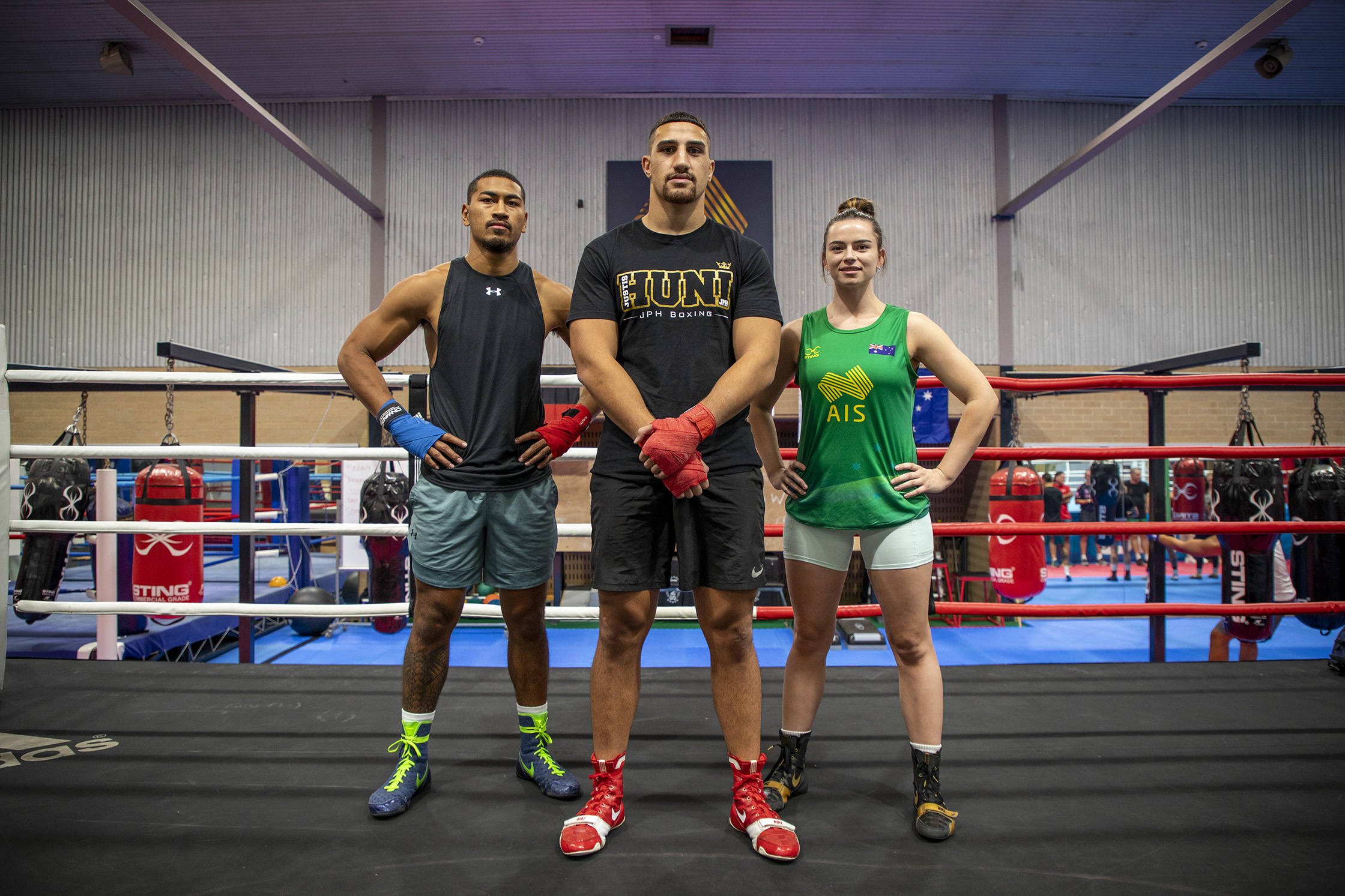 Australian boxers qualified for Tokyo Olympics include (L-R) Paulo Aokuso, Justis Huni and Skye Nicolson.